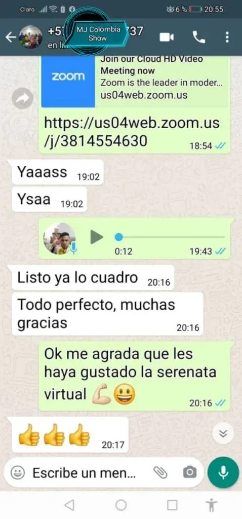 Captura de opinión positiva sobre serenatas online en directo