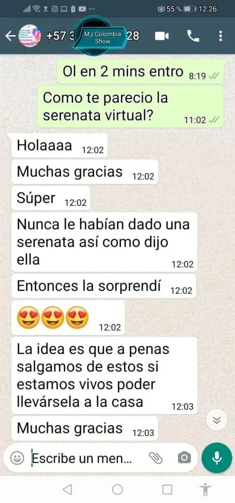 Reseña de WhatsApp sobre serenatas virtuales desde Colombia